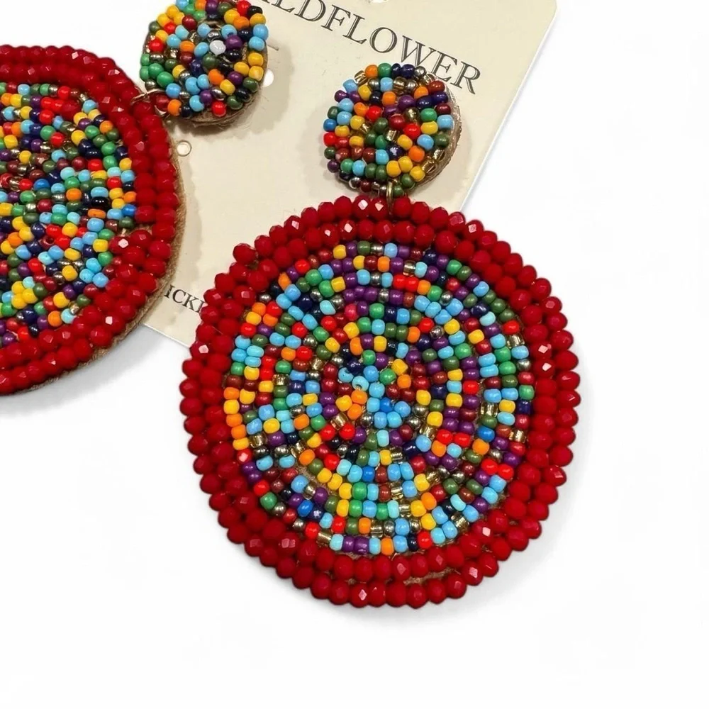 Bohemian Elegant Multicolor Beaded Drop Earrings, Fun Oversized Statement Style